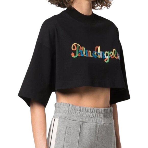 Palm Angels Embroidered Rainbow Logo Cropped Tee in Black Luxury Women's Large - Picture 2 of 11